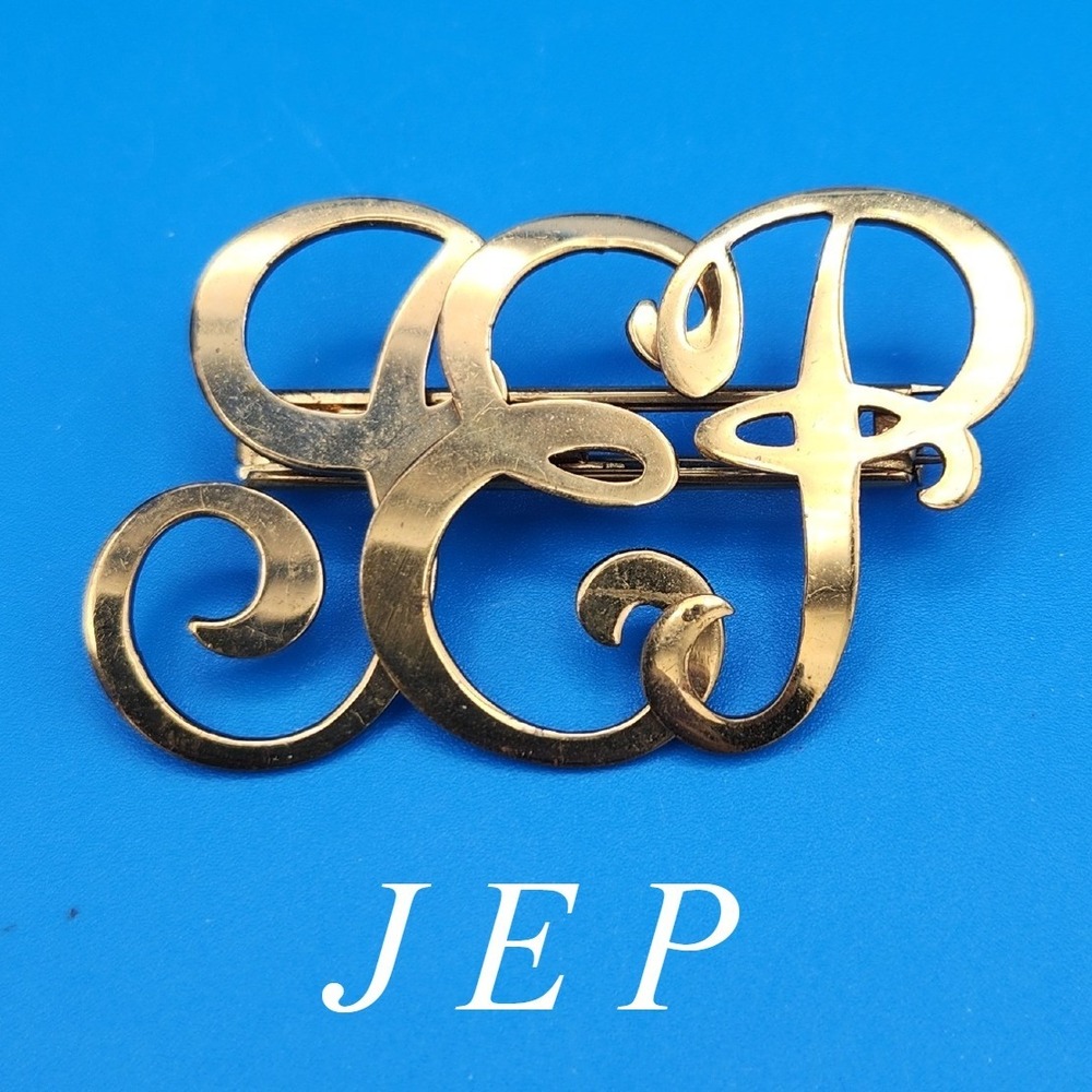 Vintage JEP Monogram Brooch Gold Tone Interlocking Script Initial Pin